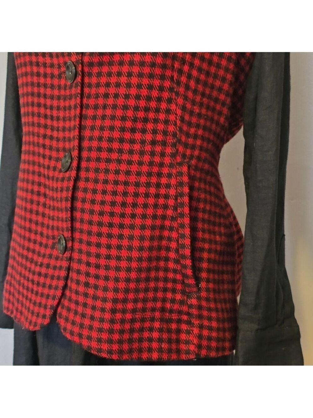 Vintage Women's Red Buffalo Check Fitted Wool Blend Vest wirh Pockets Size L - Picture 2 of 10